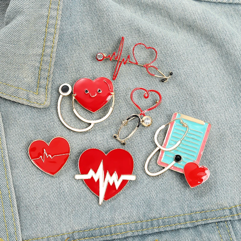 Red Heart Stethoscope Brooch Doctor Nurse Enamel Pins Electrocardiogram Collar Lapel Pin Unisex Medical Jewelry Gift Wholesale image 3