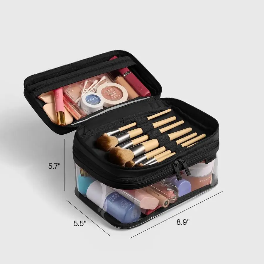 Doorzichtige cosmetische tas voor op reis, TSA-goedgekeurde make-upversterker met dubbel compartiment en leren handvat, transparant C