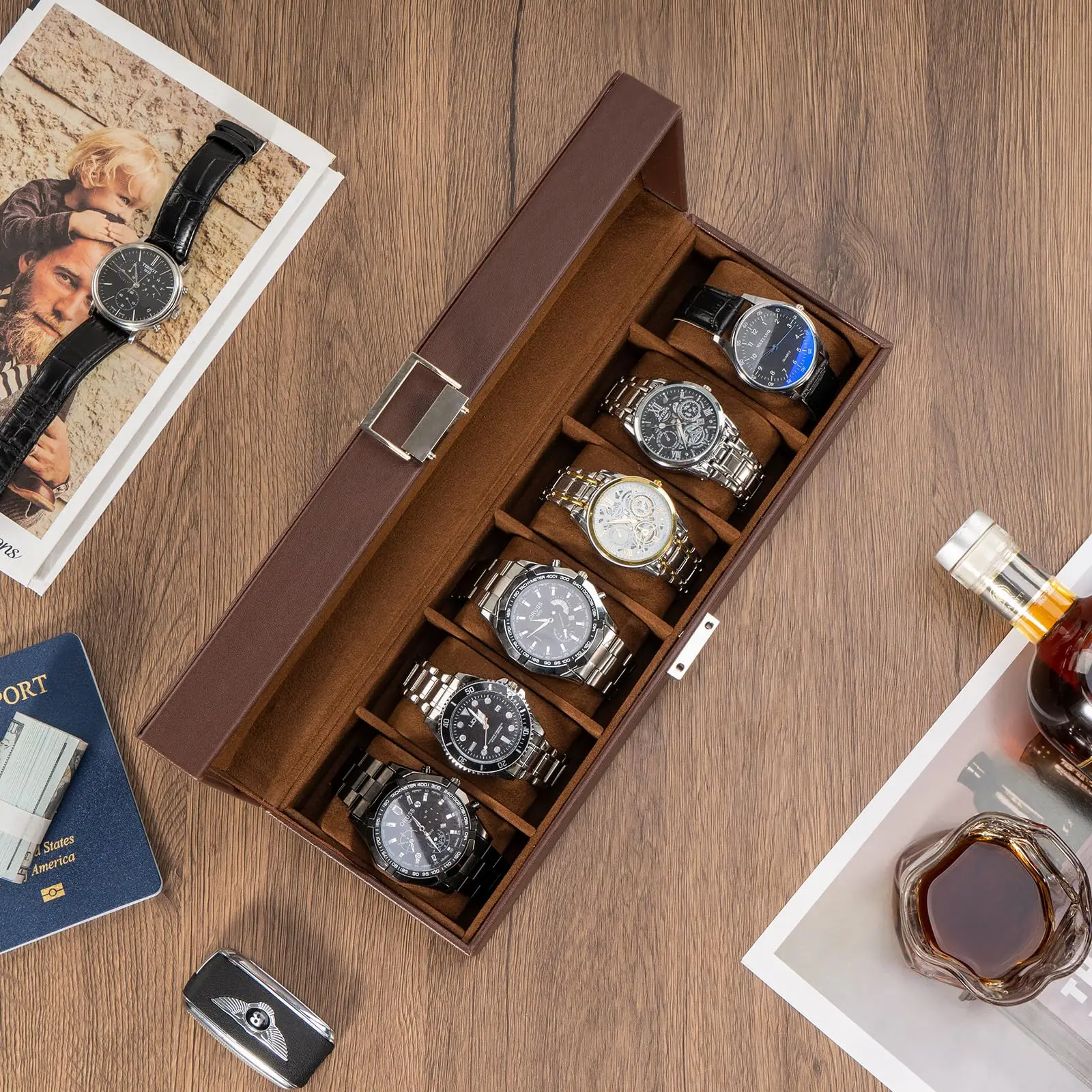 Watch Box 6 Slot Mens Watch Case Watch Storage Holder Organizer Watch Display Case with Glass Lid Gifts for Men Women -6 Slot