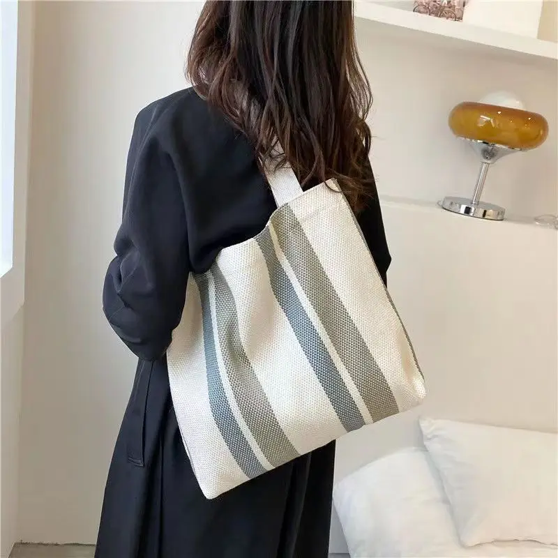 Simple Retro Handbag Small Fresh Striped Canvas Bags for Women 2021 Casual Literature and Art Large-capacity Shoulder Bag Female