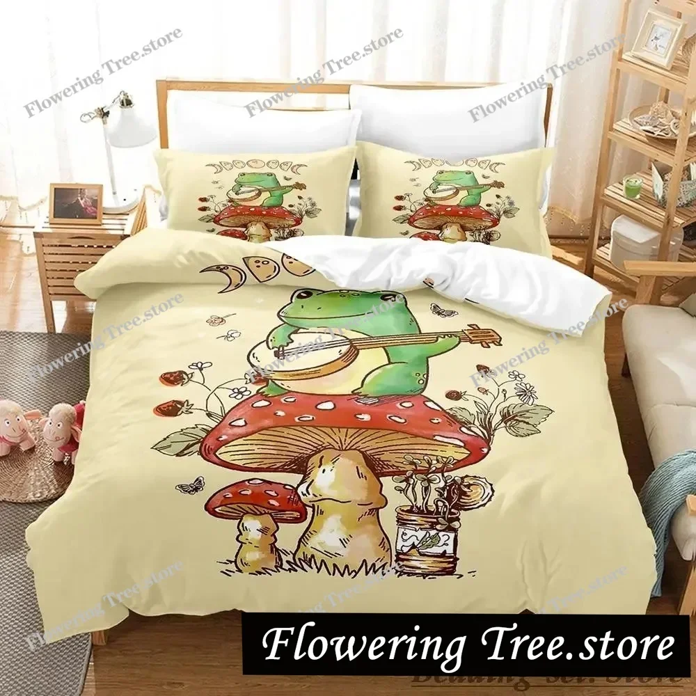 2025 New Cottagecore Frog Mushroom Bedding Set Single Twin Full Queen King Size Bed Set Adult Kid Bedroom Duvetcover Sets Anime
