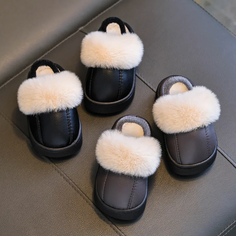 

Korean Style Children's Suede Plush Slippers 2025 Winter New Girls Elastic Band Cotton Shoes Simple Solid Color Boys Lazy Flats