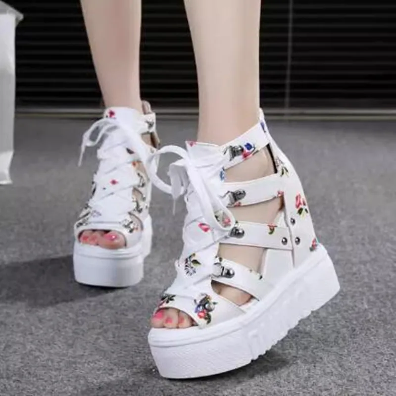 Hot Print Leisure Wedges Women Shoes NEW Summer Women Peep Toe Sandals Platform Shoelaces High Heels Casual Shoes Woman Sandals