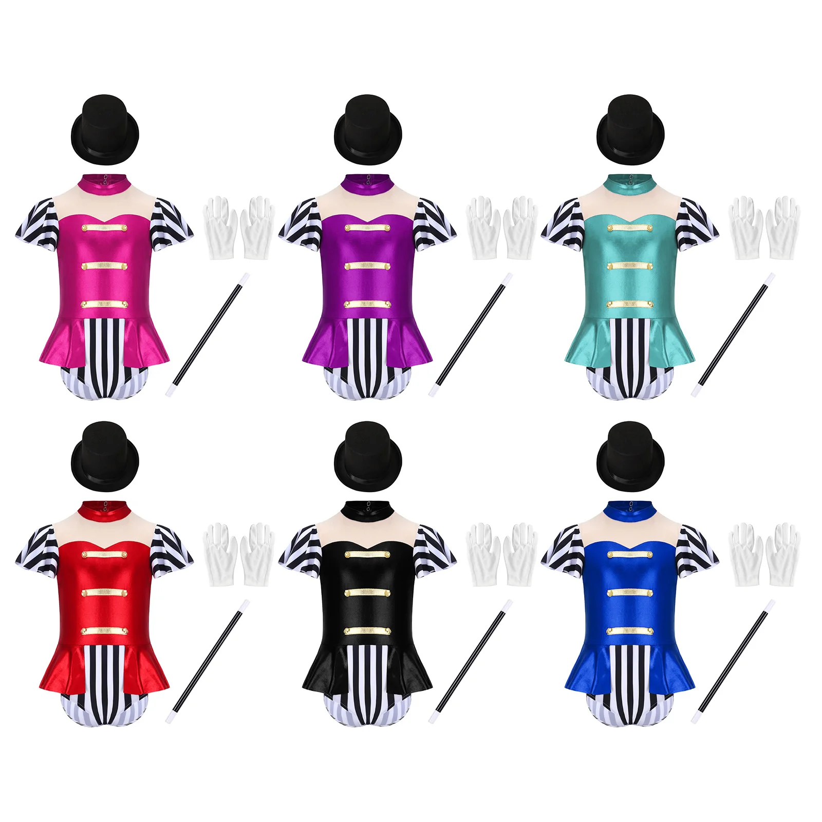 الفتيات 4 قطعة زي السيرك Ringmaster لمعان معدني المرقعة وهمية الرقبة قصيرة الأكمام بذلة وقفازات قبعة المتطابقة عصا سحرية