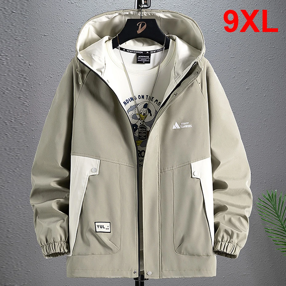 

9XL Plus Size Windbreaker Jacket Men Hooded Cargo Jacket Coat Male Fashion Causal Patchwork Camping Jackets Male