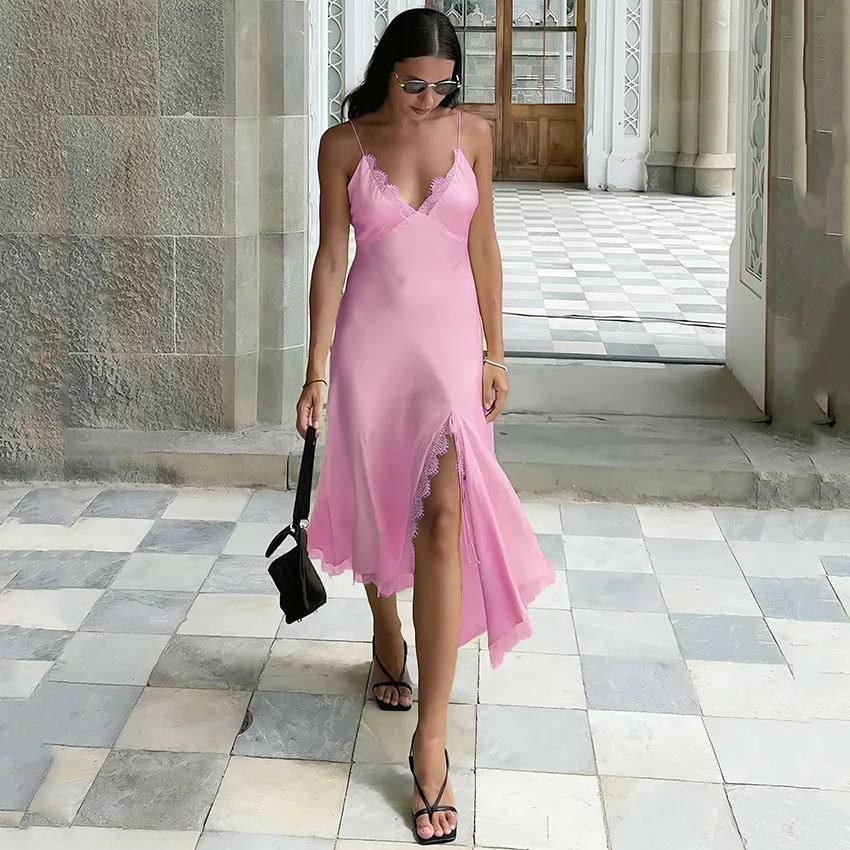 리나드 섹시 하이웨이스트 슬릿 롱 드레스 우아한 핑크 레이스 스파게티 스트랩 드레스 여성 스트리트 시크 새틴 슬림 드레스 2025 가을