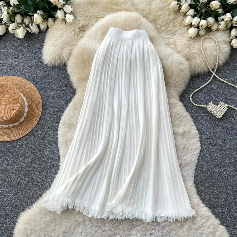 Women Knitted Tassel Long Skirt Autumn Winter High Waist Pleated A-Line Flared Skirt Elastic Waist Solid Color Elegant Bottoms