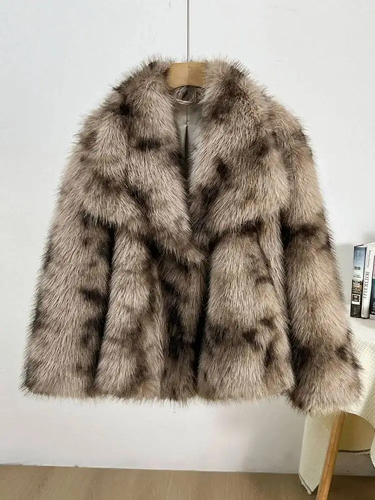2026 Chic Leopard Print Big Collar Oversized Fluffy Woman Clothing Winter Furry Jacket Fox Fur Faux Coat