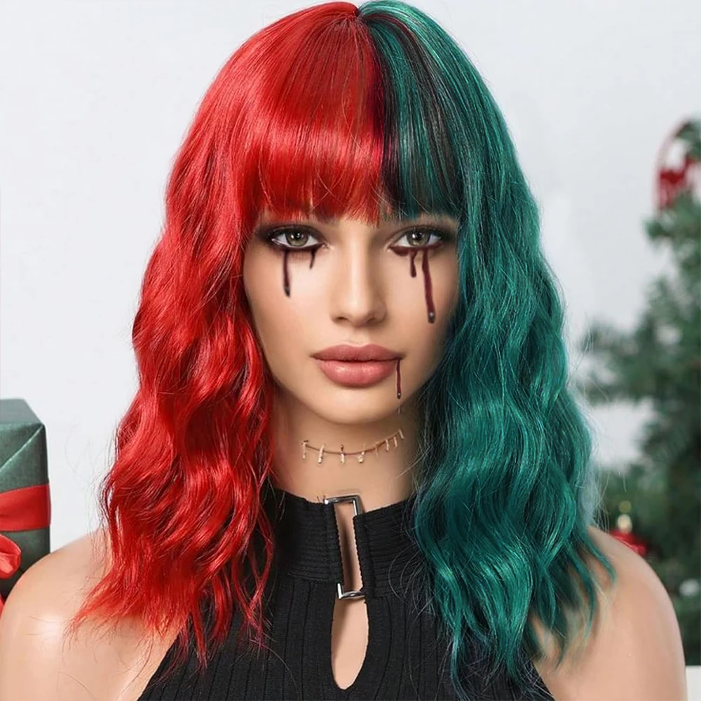 Half Red and Half Green Wig with Bangs for Women, Short Wavy Curly Bob Wig Synthetic Colored Wig Party Cosplay Christmas Wigs