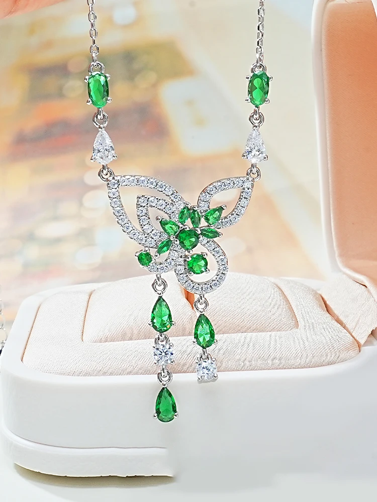 Fashionable Colorful Treasure 925 Sterling Silver Butterfly Pendant Set with High Carbon Diamonds, Retro Design