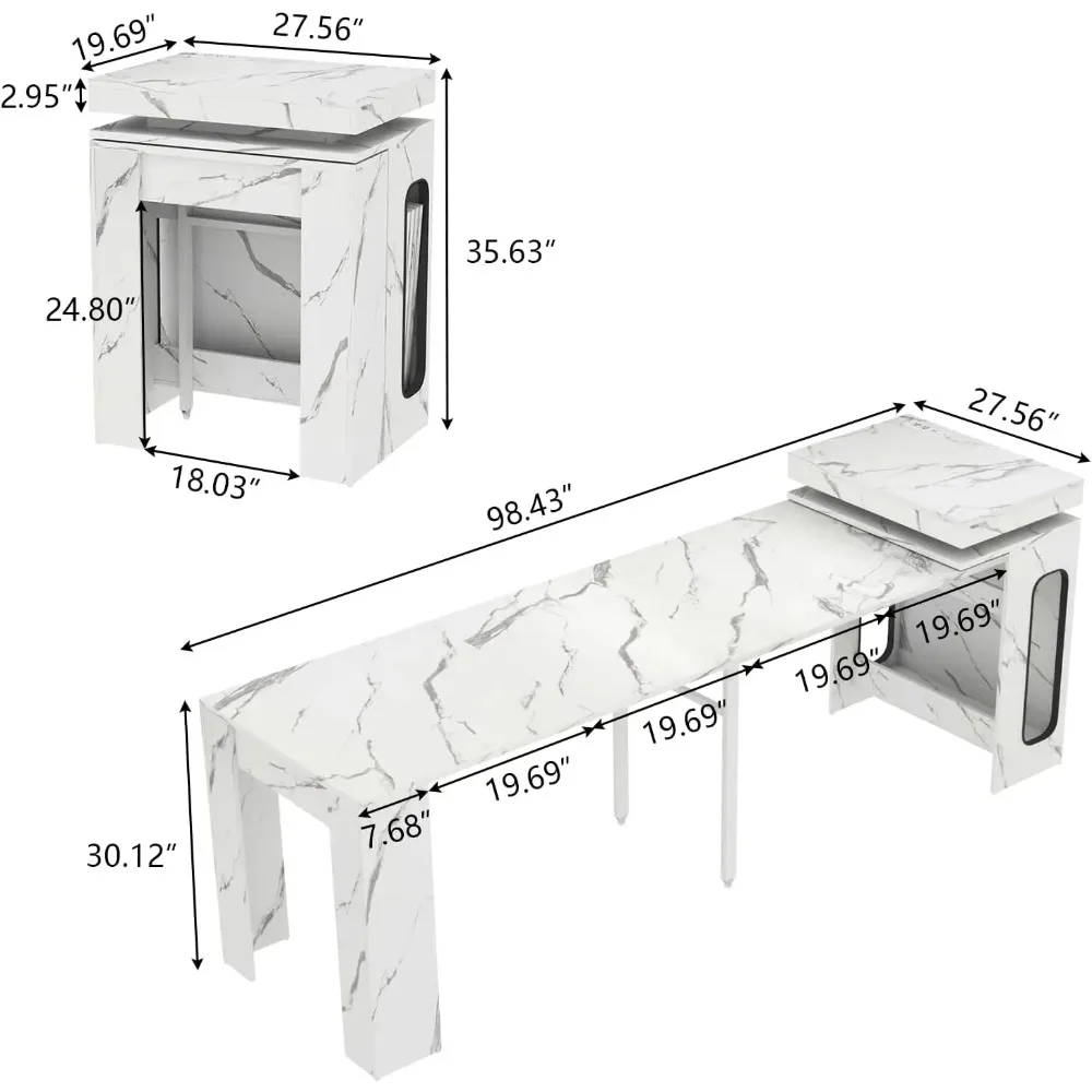 طاولة طعام قابلة للتمديد مع قاعدة شحن وأضواء LED، طاولة طعام من الرخام الصناعي الأبيض مقاس 19.7 بوصة إلى 98.4 بوصة، علامة تبويب وحدة تحكم مستطيلة #2
