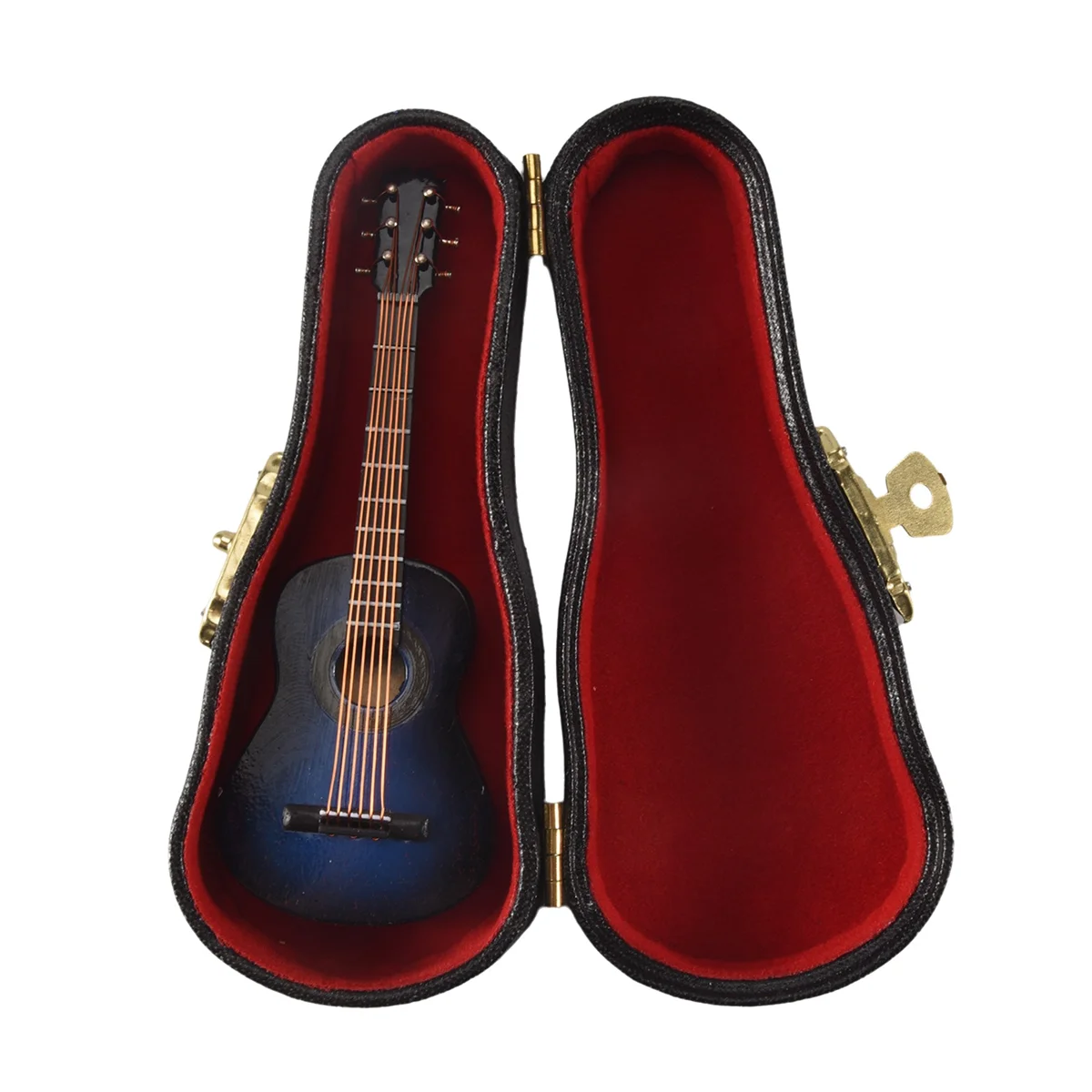 Guitarra Miniatura de Madeira com Suporte e Estojo, Mini Instrumento Musical, Modelo de Casa de Boneca, Decoração