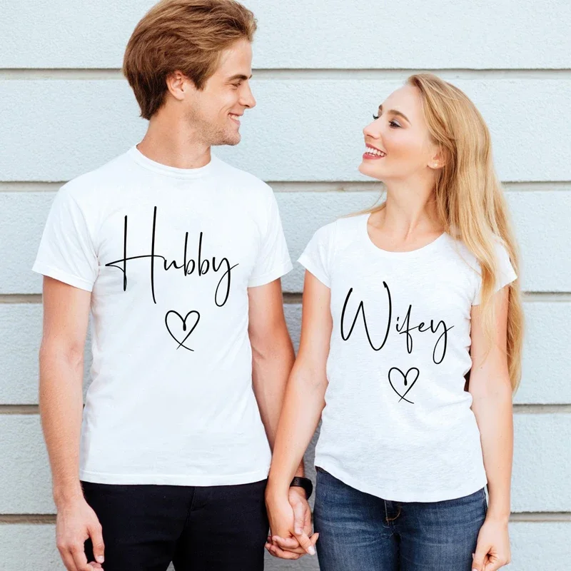 Hubby Wifey Heart Love Print Women Fashion T Shirts  Couple Matching Graphic Tee Family Party Clothes Lover Tshirt Honey Shirts