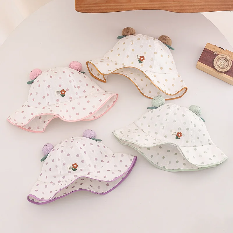 Baby Girls Sun Hat 50cm 1-3 years Spring New Polka Dot Floral Bucket Cap Toddler Outdoor Windproof Kids Summer Beach Bonnet