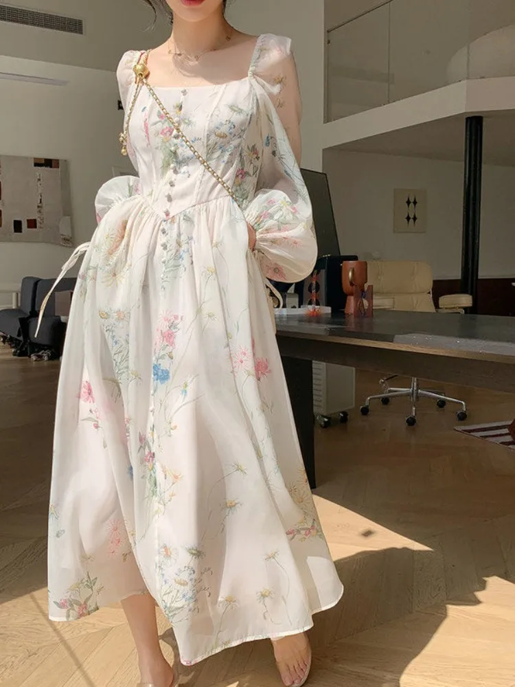 

Elegant Vintage Long Sleeve Dress for Women Y2k Square Collar Organza Print Dresses 2025 Summer New Vestidos De Mujer