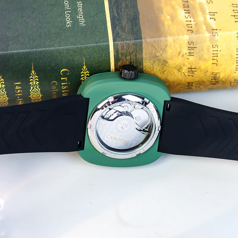 ساعة ميكانيكية أوتوماتيكية بالكامل بشريط أسود كلاسيكي أنيق مربع هيكل عظمي توربيون للرجال #5