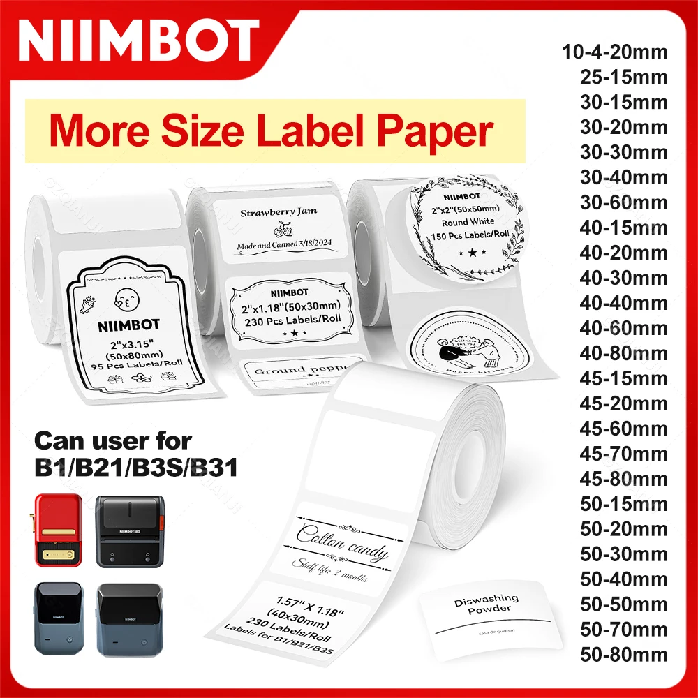 Niimbot 1 rolo de papel adesivo branco b1, etiqueta adesiva à prova d'água, anti-óleo branco para b1 b21, mini fita de impressora térmica portátil