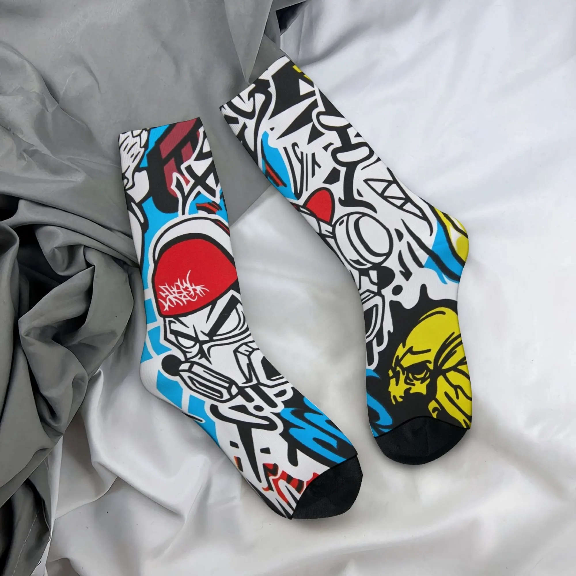 Herren-Socken mit Graffiti-Gasmasken-Print, Wadenlange Socken für Hardcore Street und Hip-Hop, Trendige Coole Punk-Socken, Bequem und Weich