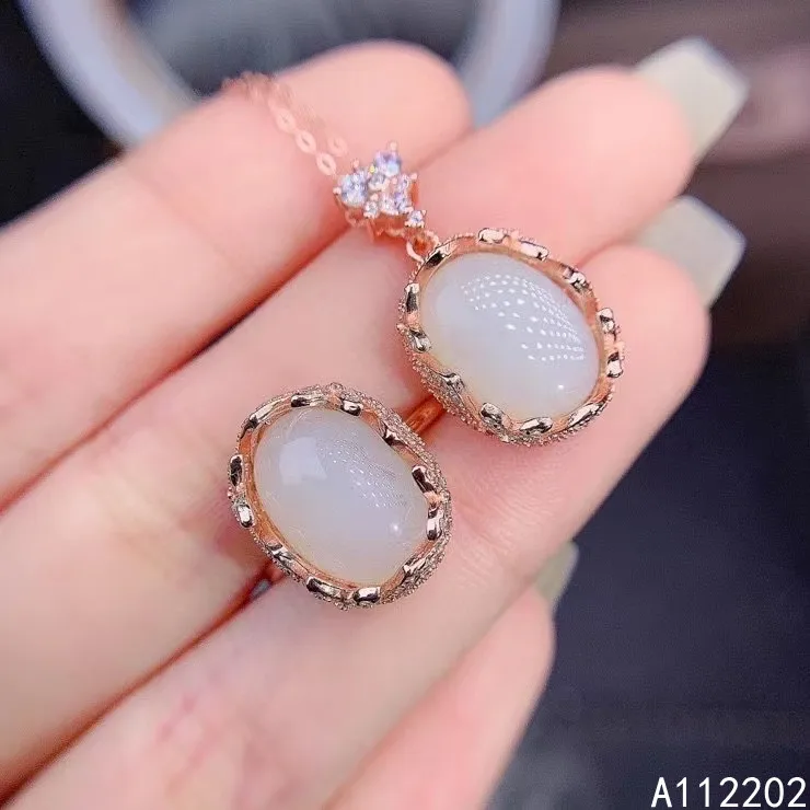 

Vintage Luxury Natural White Jade Jewelry Set 925 Sterling Silver Inlaid Gems Women's Pendant Necklace Ring Wedding Party Favors