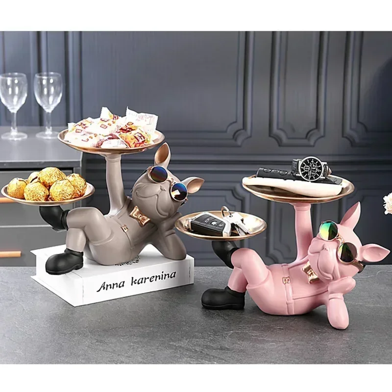 

French Bulldog Decoration Dog Butler with 2 Metal Tray for Storage Keys Holder Home Decor Resin Art Sculpture Ornaments Nordic