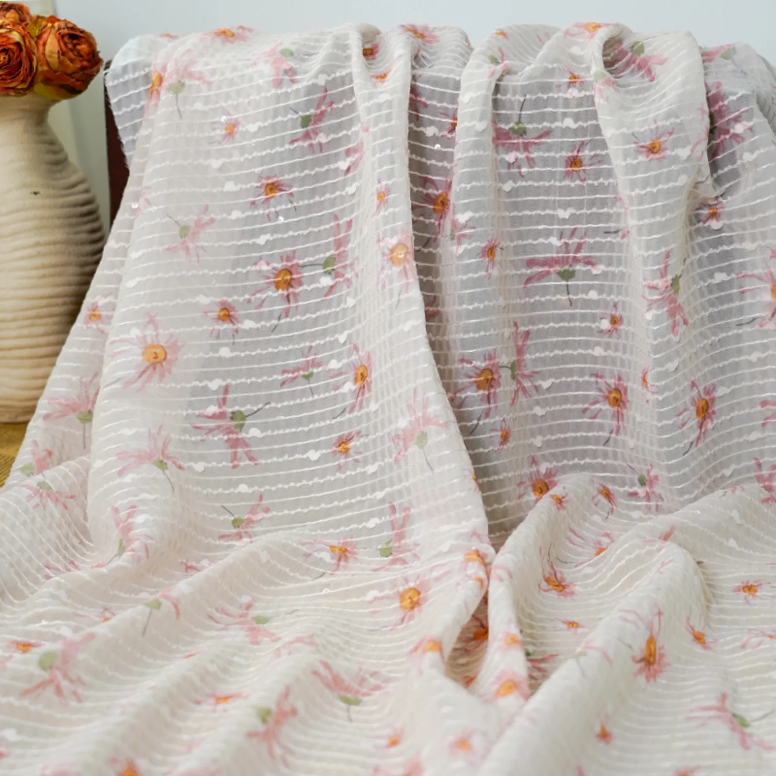 

Sequin striped dress with embroidered fabric, soft style, small floral camisole clothing fabric, sewing fabric