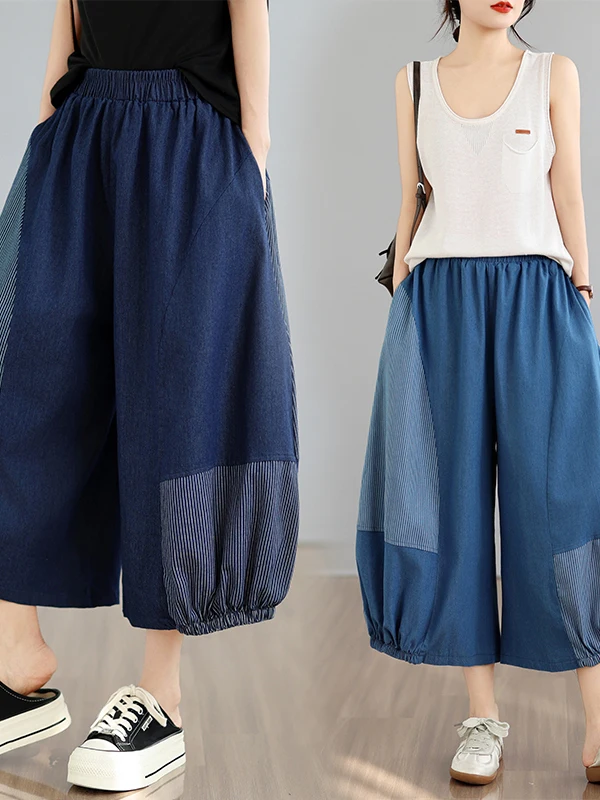 

High Waist Wide Leg Loose Fit Thin Summer Denim Jeans for plus Size Women Patchwork Lantern Pants Casual High Waist Jeans