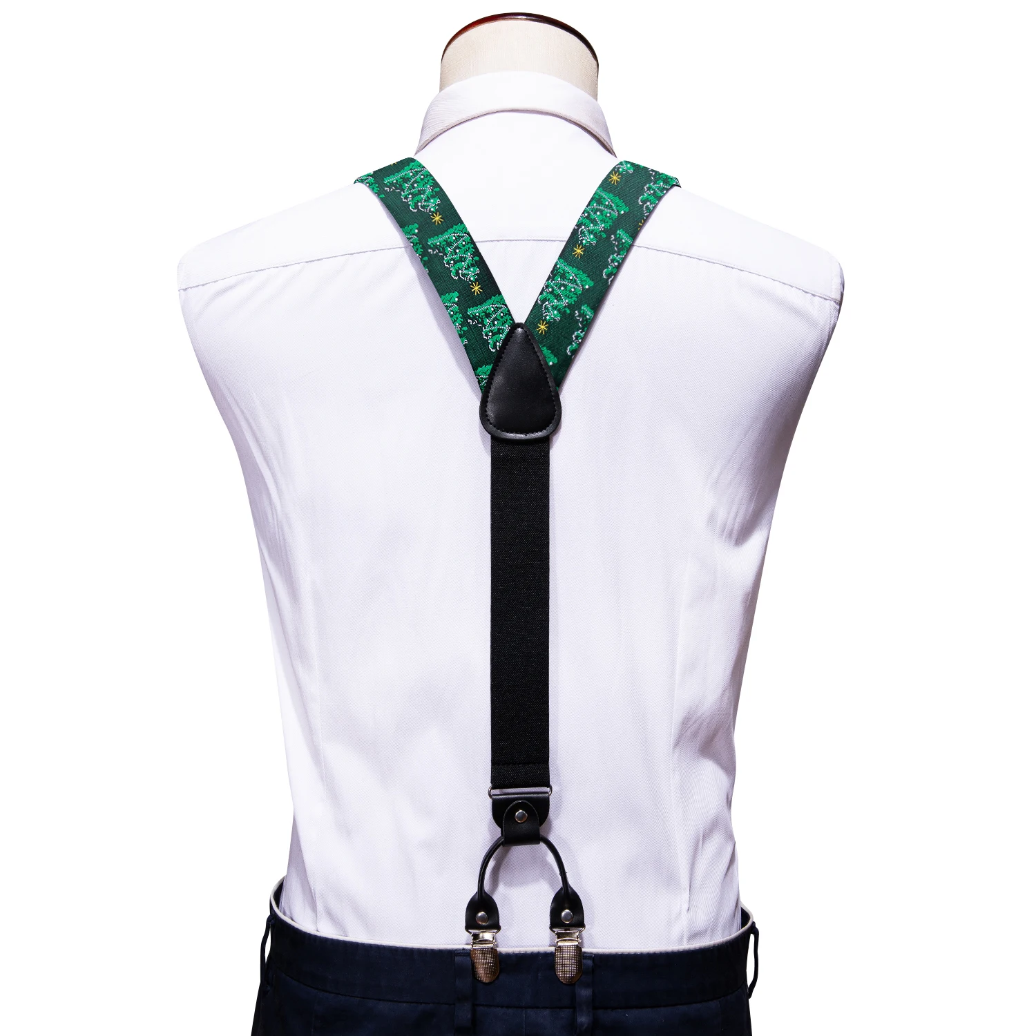 Fashion Green Christmas Silk Suspenders And Bowtie Handkerchief Cufflinks Sets Fashion Adjustable Gifts Party Barry.Wang 2060