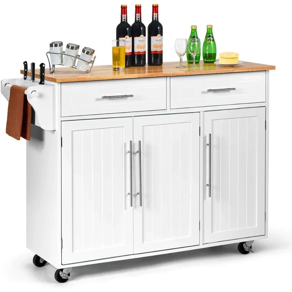 Kitchen Island Cart Rolling Storage Trolley Cart with Lockable Castors, 2 Drawers, 3 Door Cabinet, Towel Handle, Knife Block