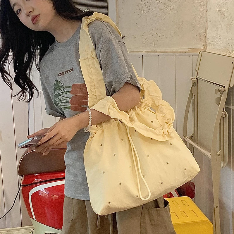 Women Nylon Shoulder Bag Drawstring Strap Fashion Handbag Large Capacity Commuting Bag Solid Casual Sparkling Underarm Bag Totes