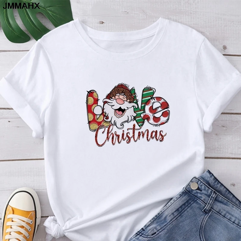 عيد الميلاد المطبوعة المرأة تي شيرت أزياء عارضة قصيرة الأكمام المرأة الأبيض أعلى تي شيرت