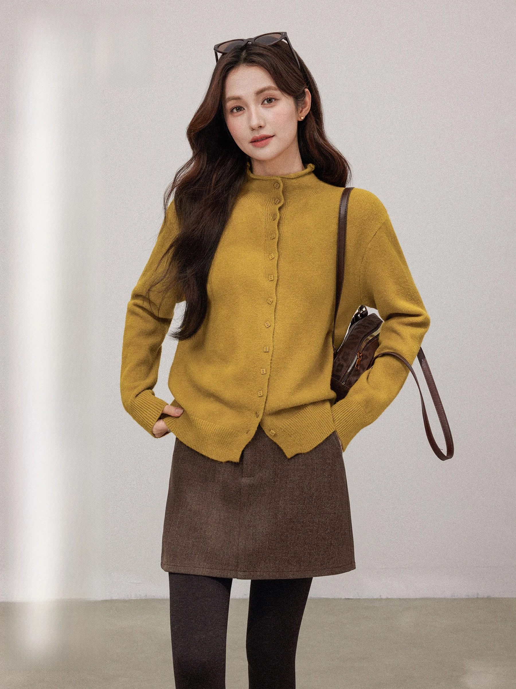 

Chang Dou Dou Dou женский желтый вязаный свитер с высоким воротником, повседневный мягкий теплый осенне-зимний модный корейский свободный кардиган