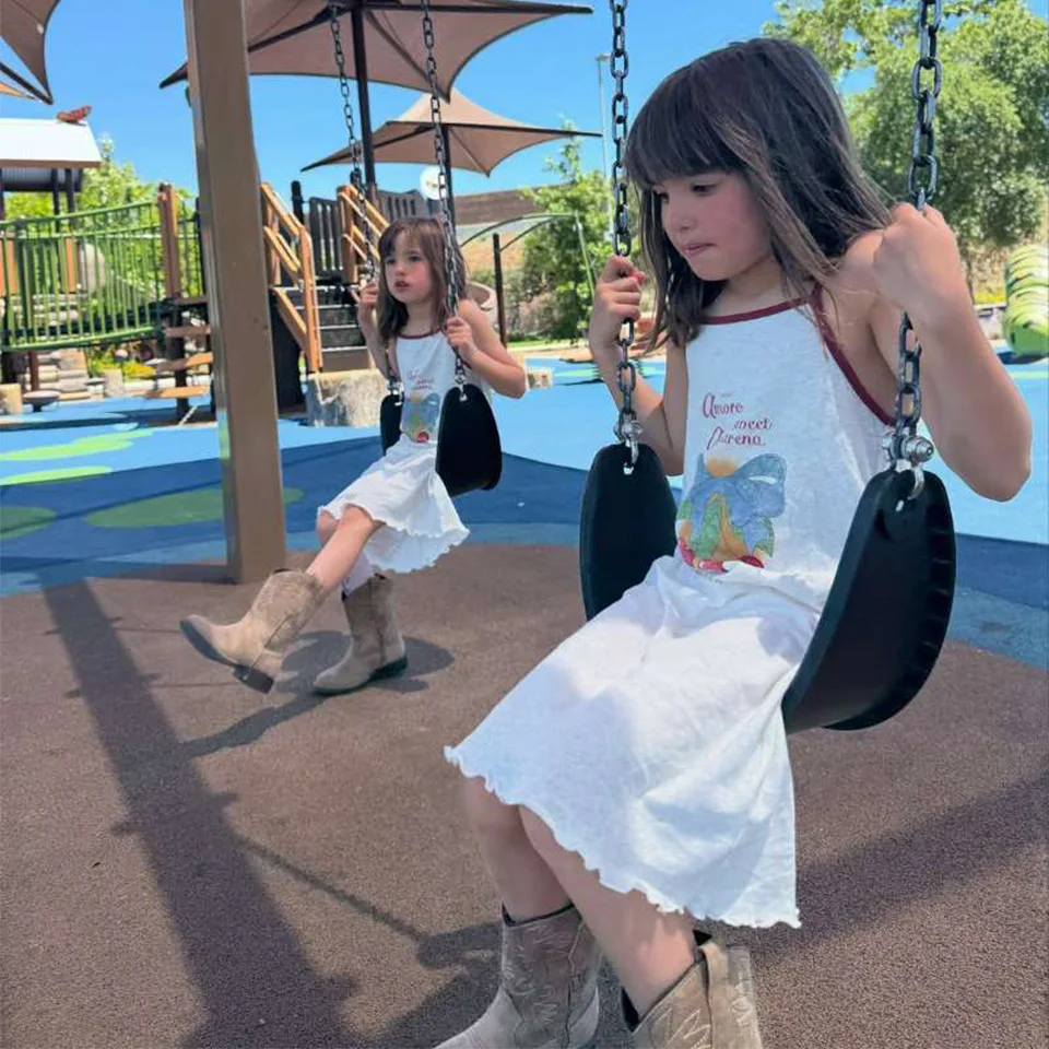Kids Cherry Rhinestone Cami Dress Baby Girls Sling Sleepwear Ruffle Hem Soft Cotton Summer Casual Night Dress