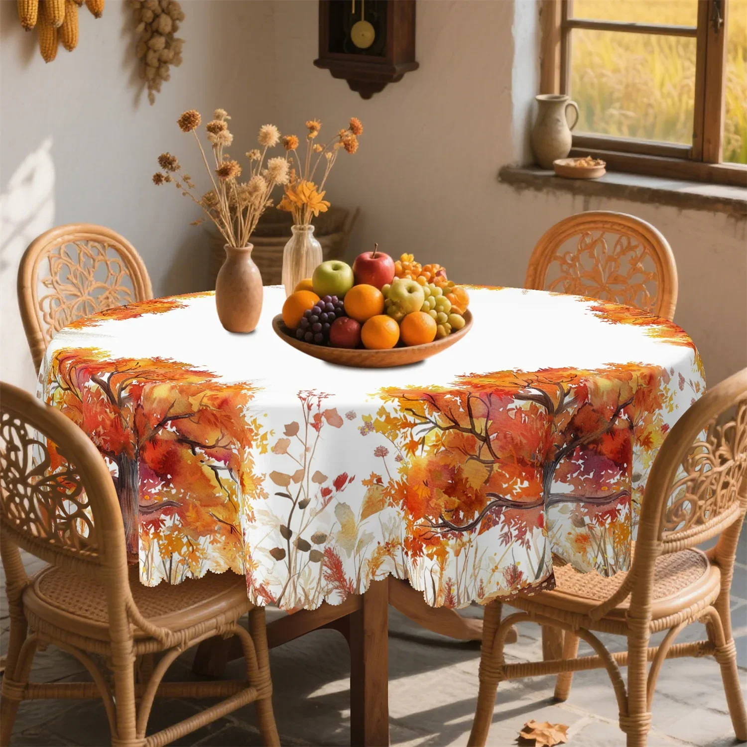 Hand-painted forest autumn tablecloth, 1 pack, suitable for Thanksgiving kitchen table decoration and party use. yzb