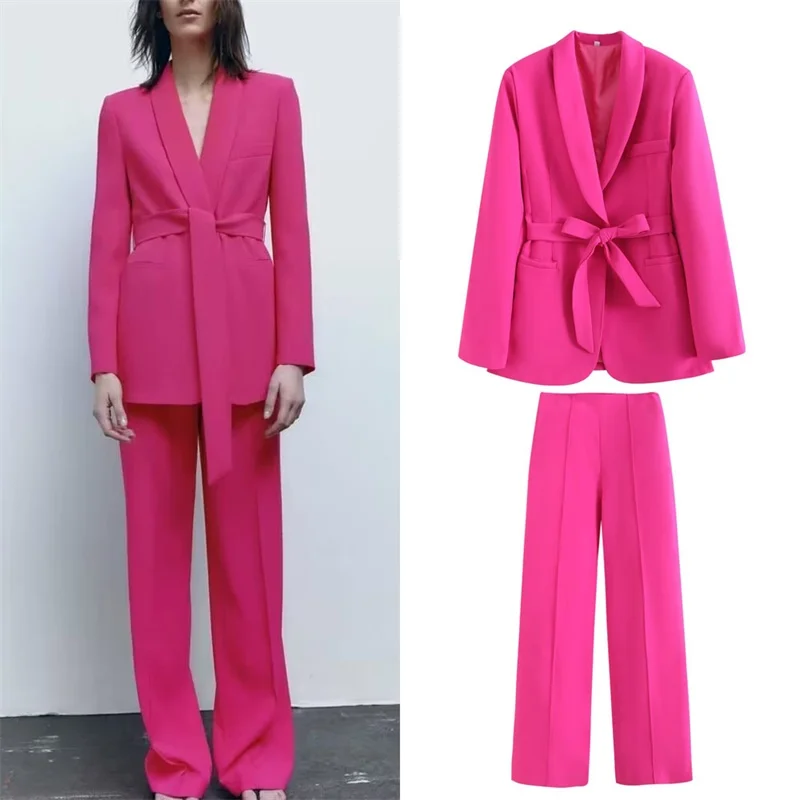 Conjunto de traje informal con cinturón para mujer, chaqueta pequeña de 2 piezas y pantalones, abrigo de fiesta, ropa de primavera y otoño, nuevo estilo