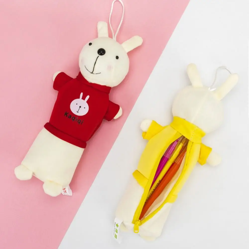 Portable Simple Plush Rabbit Pencil Bag Cartoon Kawaii Student Pencil Case Large Capacity Creative Stationery Storage Box Girls