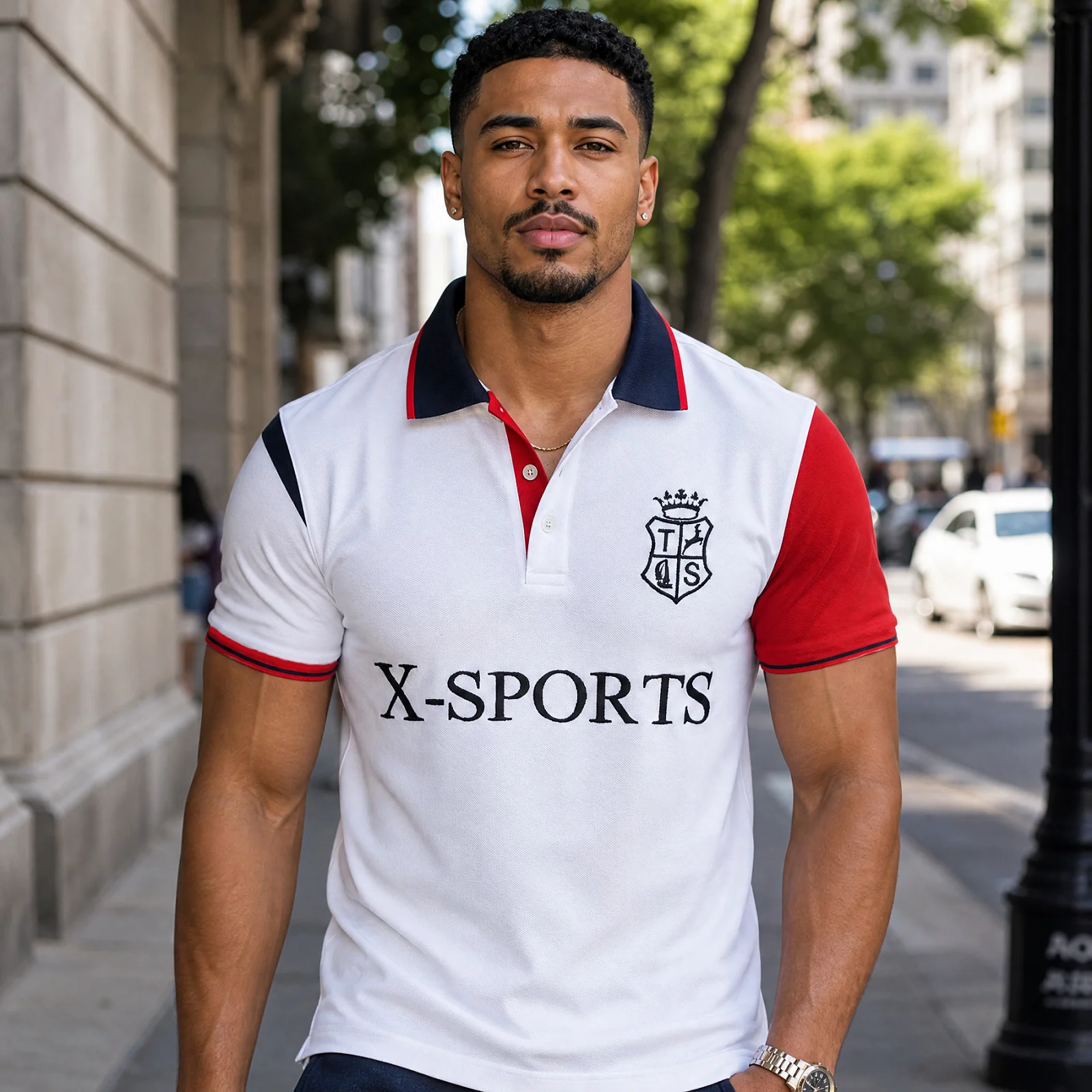 Herren Übergrößen Baumwoll-Poloshirt mit Kurzen Ärmeln, 3D-Stickerei, Premium Kontrastfarben-Blockdesign, Seitenschlitz, Klassische Passform
