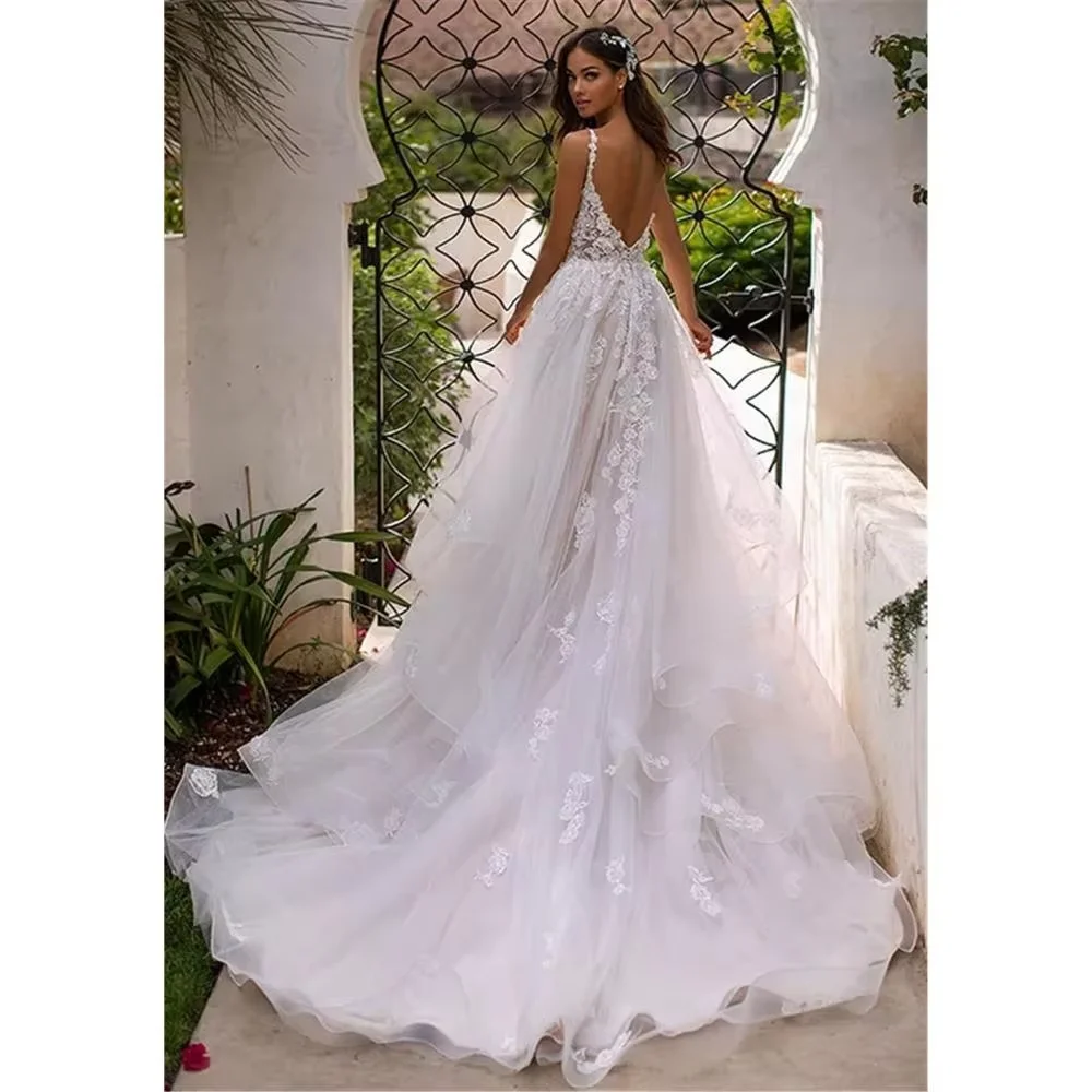 Customized Long Boho A-Line Backless Wedding Dress Spaghetti Straps Bride Dresses Princess Floor Length 3D Flowers Wedding Gowns