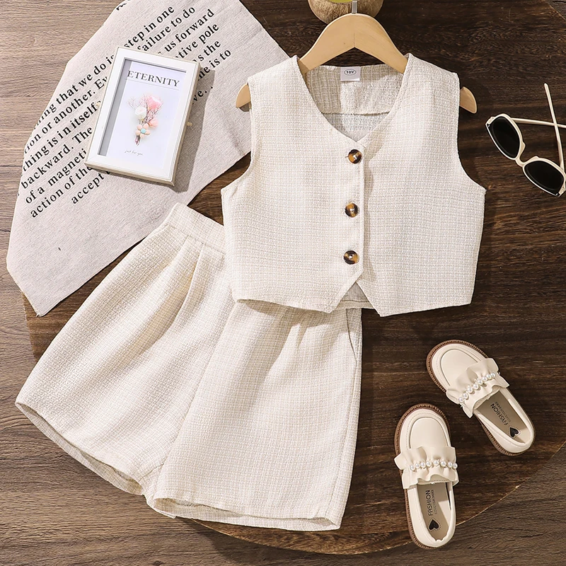 Summer Solid Color Two-Pieces Set White V-Neck Sleeveless Top Shorts 8-12 Yesrs Simple Style Kids Sets For Girls