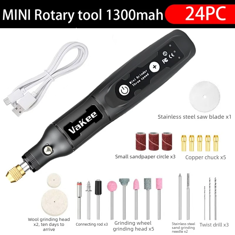 VaKee 3-Speed Cordless Mini Electric Grinder Pen 8000-16000RPM Type-C USB Rechargeable Rotary Tool with Copper Chuck for Polishi