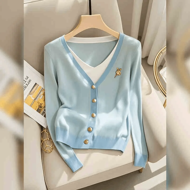 

Синий тонкий вязаный свитер, искусственный двухсекционный женский топ Sweet Sle в Корейском стиле Aosphere, осеннее новое поступление от gujie