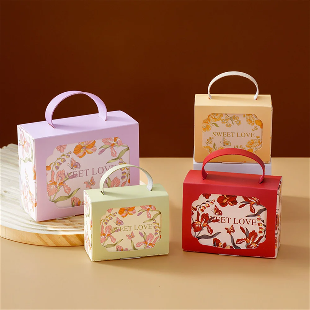 Wedding Candy Box Portable Handheld Engagement Party Gift Box Flower Pattern Chocolate Packaging Handbag S/M/L Square Paper Case