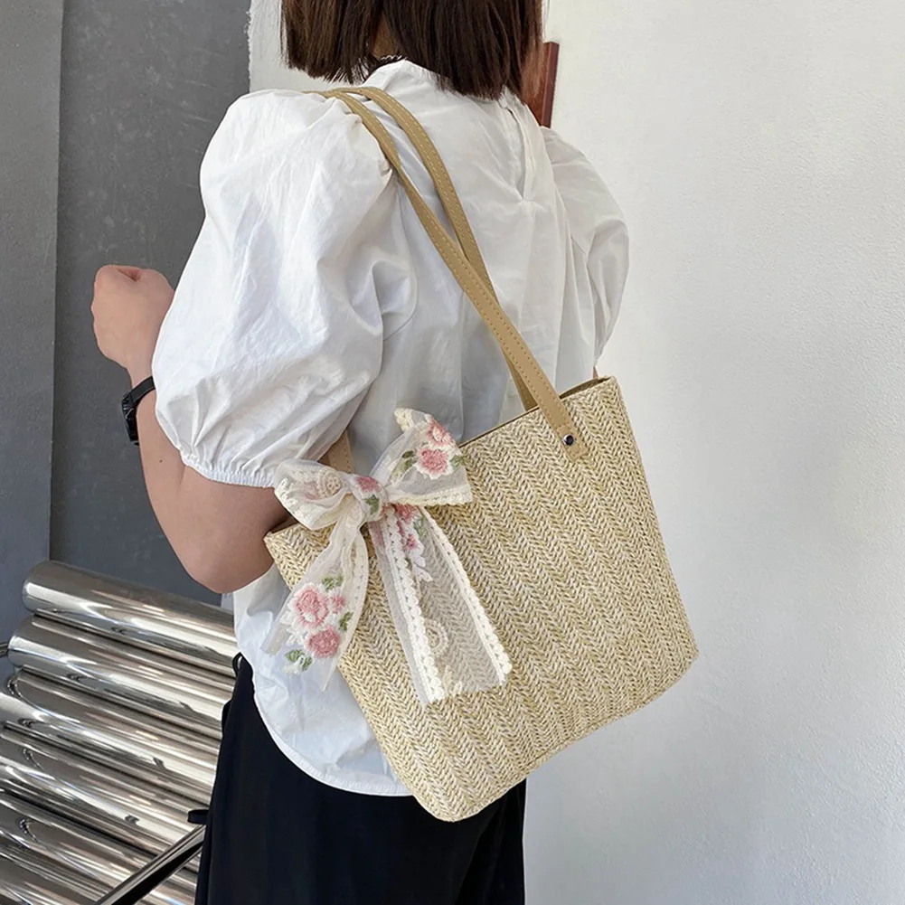 Ladies Summer Straw Bag Lace Bowknot Rattan Bag Large Capacity Leisure Tote Bag Beach Travel Tote Bag(Beige White)