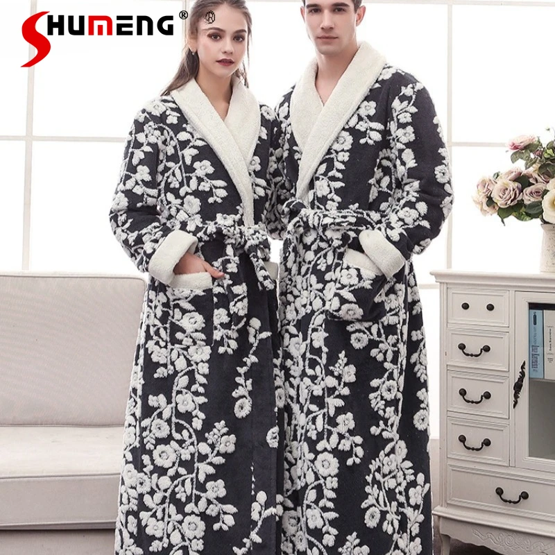 

Winter Thickened Couple's Bathrobe Warm Fleece Men's and Women's Sleepwear Autumn Winter Cotton Fleece Lined Female Robes