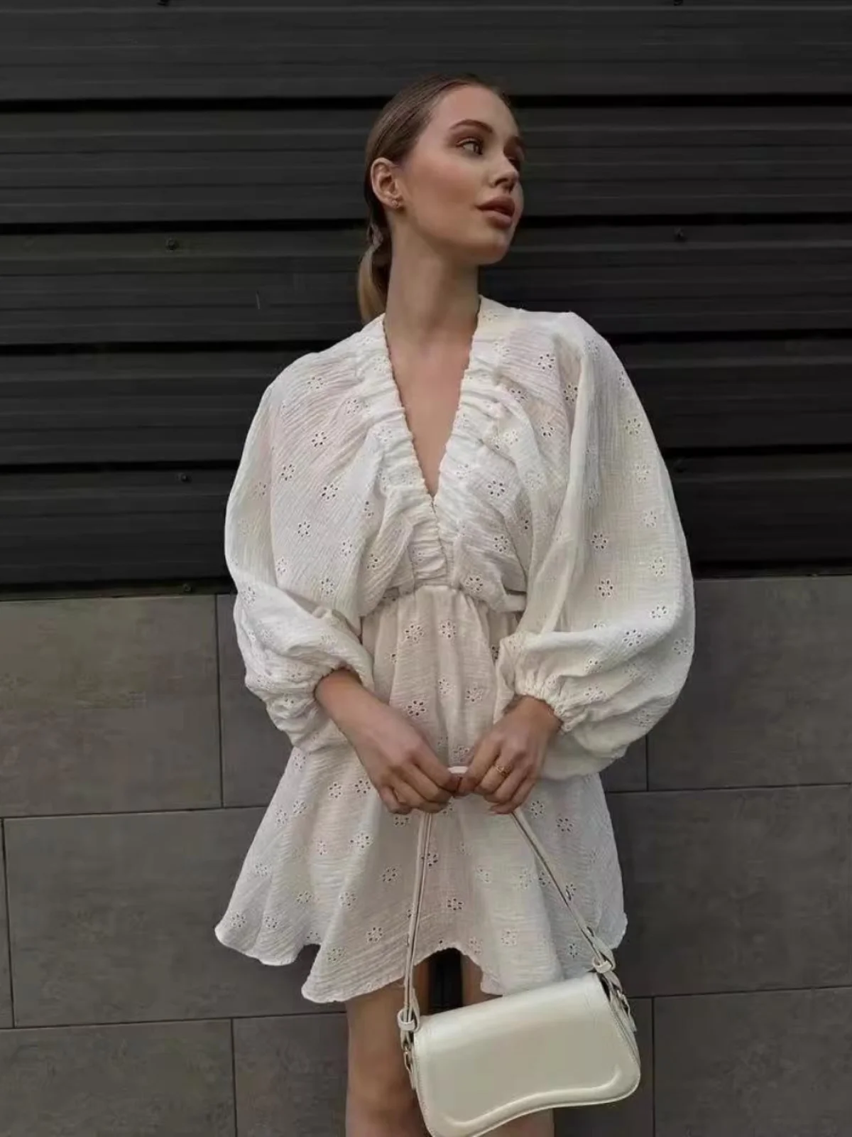 Abito lungo a vita alta Sve V-Ne Bubble Sve Dr Maxi Abito da donna Faion Primavera Estate Autunno Inverno Materiale in poliestere