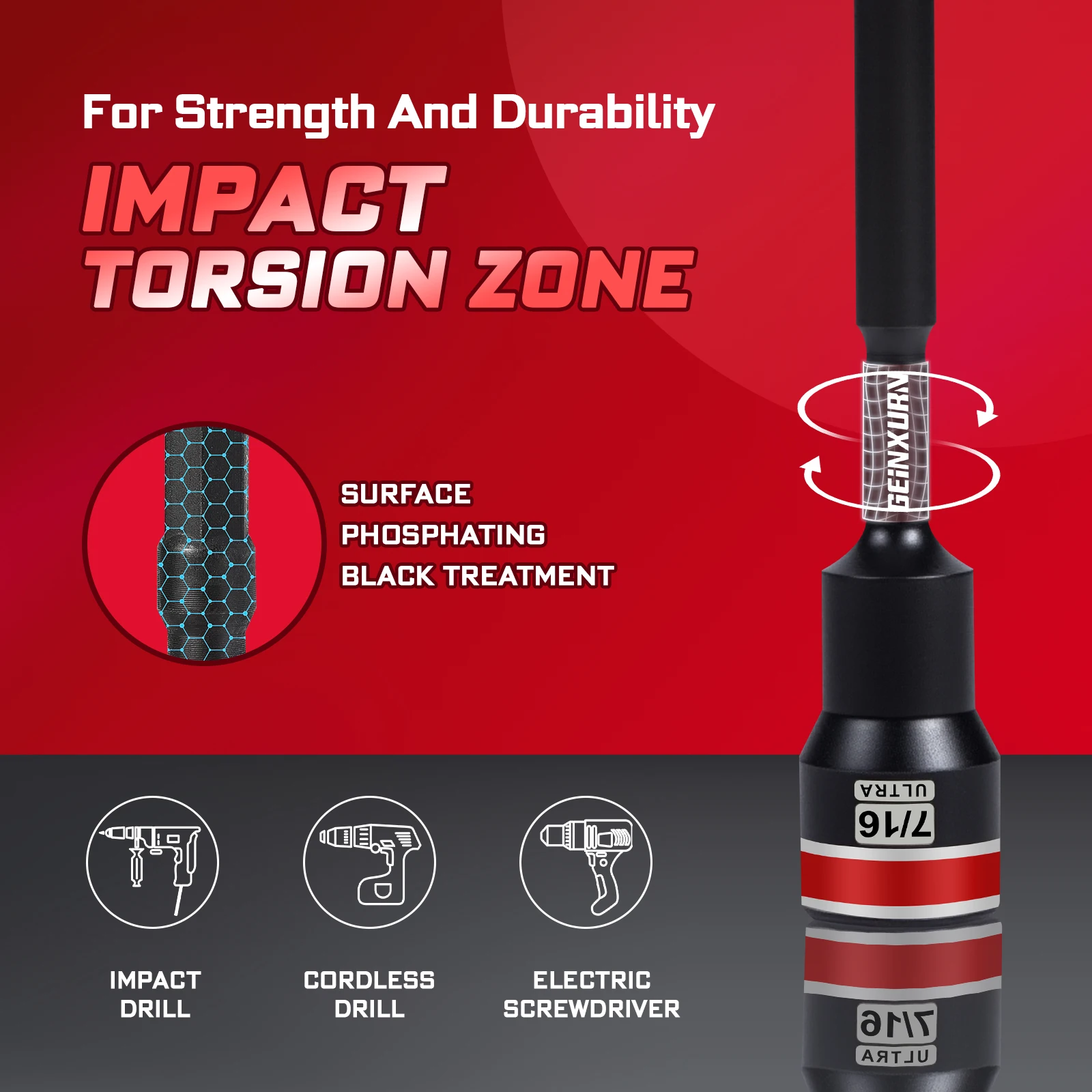 ชุดไดร์เวอร์ Geinxurn Impact Nut, ยาว 6 นิ้ว 8/10/13 มม. ชุดเซ็ตน็อตเมตริก 6 จุดโลหะผสม Stee พร้อมกล่องเก็บแบบพกพา