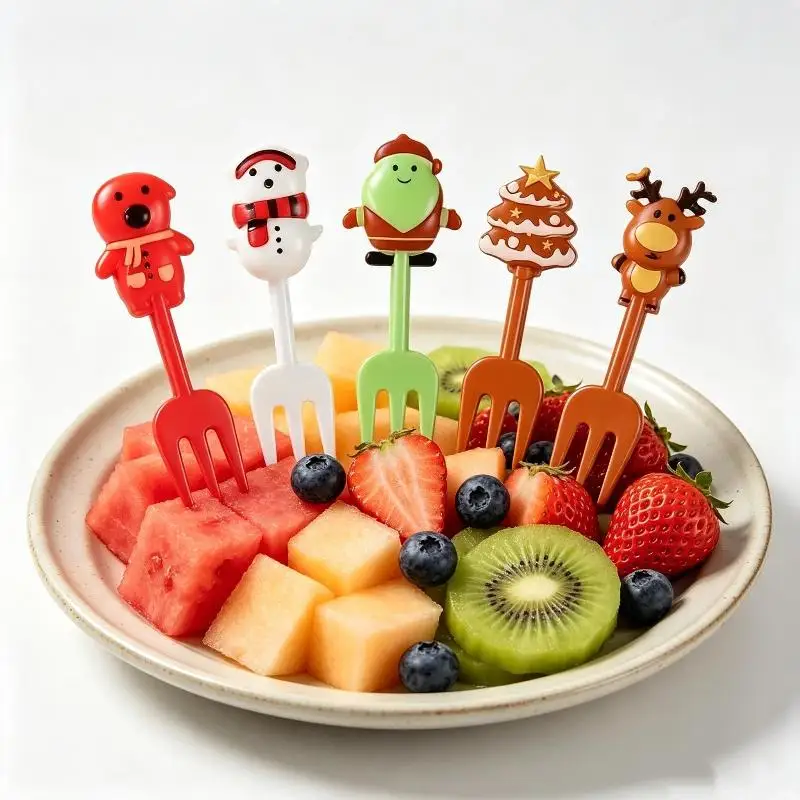10Pcs Christmas Cartoon Fruit Forks With Cute Santa Reindeer Snowman Tree Designs Perfect For Holiday Party Dessert Cupcake