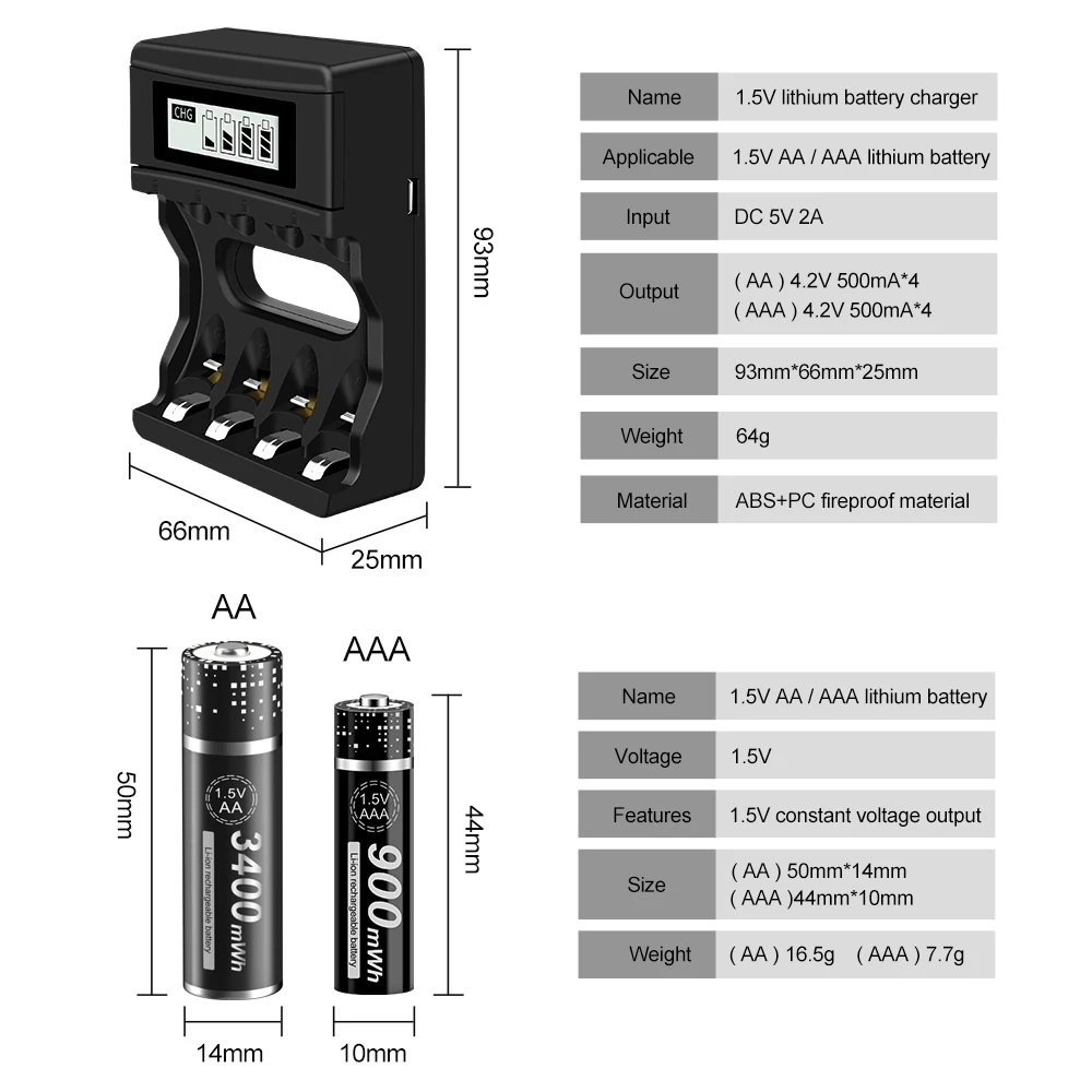 PALO 1.5V AA Rechargeable Battery AA 3400mWh 1.5V AA Li-ion Batteries+900mWh 1.5V AAA Rechargeable Batteries AAA Lithium Battery