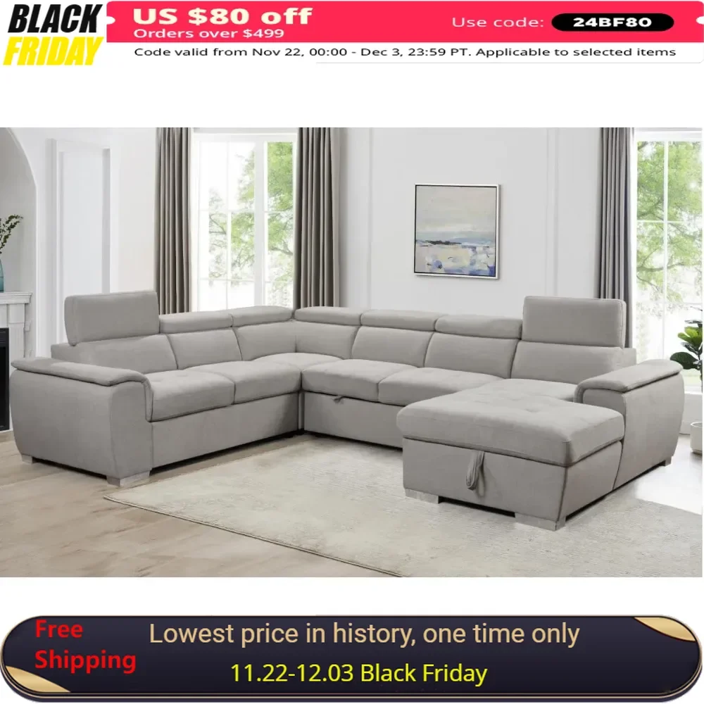 125''Sectional Sofa,with Pull Out Bed, Storage Chaise Lounge, and Adjustable Headrest, Oversized Sectional Couches,Sofa Bed