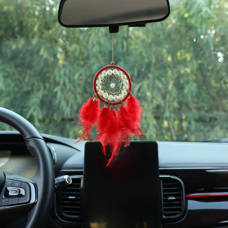 Handmade Red Feather Imitation Pearl Wind Chime Car Decal For Rearview Mirror Backpack Pendant Decoration Birthday Creative Gift