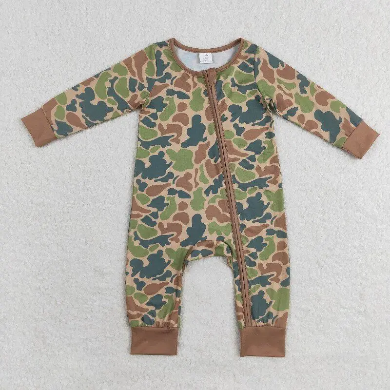 Wholesale RTS Long Sleeve infant Baby Boy Rompers one pieces Camouflage zip sleeper baby boy clothes children clothing